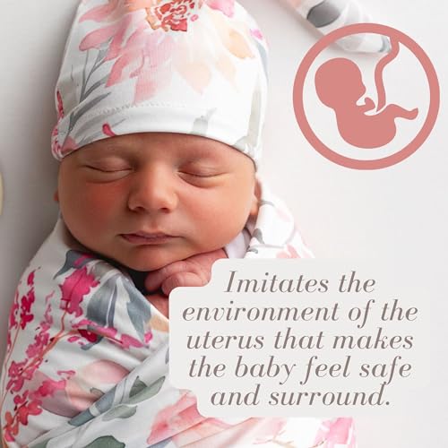 Image of Newborn Baby Girl Receiving Blanket Swaddle Blanket Stretchy Knit Swaddle Set with Matching Headband Beanie with a Name Card (Pink Floral Ink Leaf)