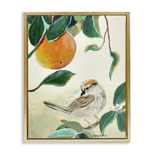 Bird Perched Orange Fruit Branch, 25 x 31 Inch Canvas in Floater Frame