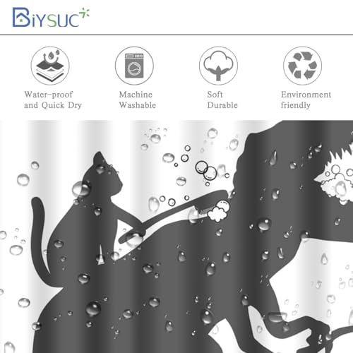 Image of Cat Dinosaur Shower Curtain Funny Cat Help Dino Bathe for Kids Boys Trex Silhouette Shadow Black White Bathroom Waterproof Polyester Fabric 60Wx72L Inch with Hooks