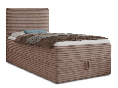 Sofnet Boxspringbett Mollo Mini mit Bettkasten und Matratzentopper - Einzelbett mit Bonell-Matratze und Topper, Polsterbett in weichem Cordstoff, Bett, Schlafzimmer (Braun (Tilia 17), 120 x 200 cm)