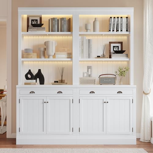 Image of 83.4 inch Tall Bookshelf Suite, Modern Bookcase Suite with 3 Pieces LED Lighting,Doors and Drawers,2-Piece Set Storage Bookcase with Open Shelves for Living Room,Home Office,White