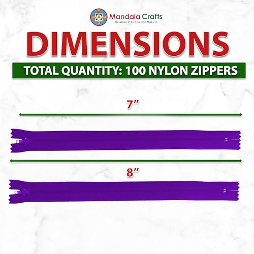 Image of Mandala Crafts 100 PCs Purple Closed-End 7 Inches Nylon Zippers for Sewing