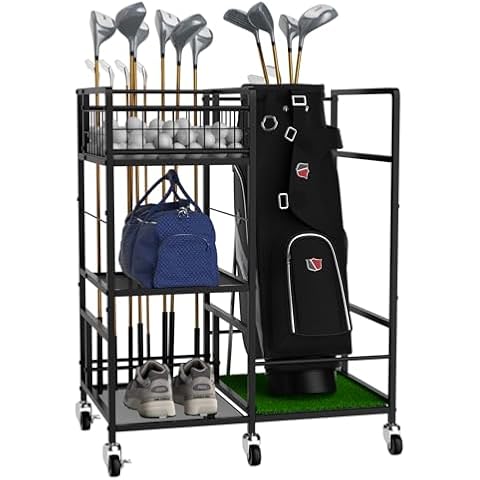 Golf Bags Storage Garage Organizer Golf Storage Rack Stand for Golf Bag, Clubs and Golf Equipment Accessories Golf Bag Holder with Wheels for Club, Shed and Basement, Black Cover