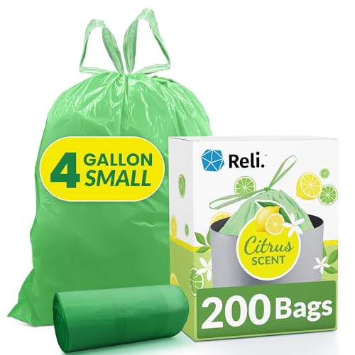 Reli. 4 Gallon Trash Bags Drawstring (200 Count Bulk) | Citrus Scented Small Trash Bags | Garbage Liners for Bathroom Can | 2 Gal - 3 Gallon - 4 Gal Small Can Liners (Green)