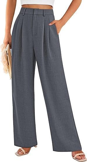 Women's Elastic High-Waisted Straight Leg Suit Pants with Pockets