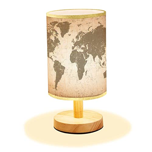 Lopyeijfg Minimalist Bedside Table Lamp Grunge World Map Old World Map Wood Nightstand Lamp Bedside Desk Lamp Wood Base Flaxen Fabric Shade For Bedroom Living Room #TOP30