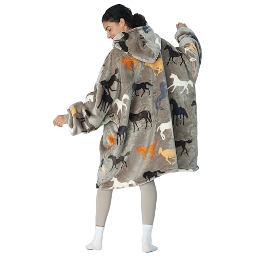 Tirrinia Wearable Blanket Oversized Hoodie for Adults, Horse Print Gift Sherpa Sweatshirt, as for Family & Friend. One Size Fits All
