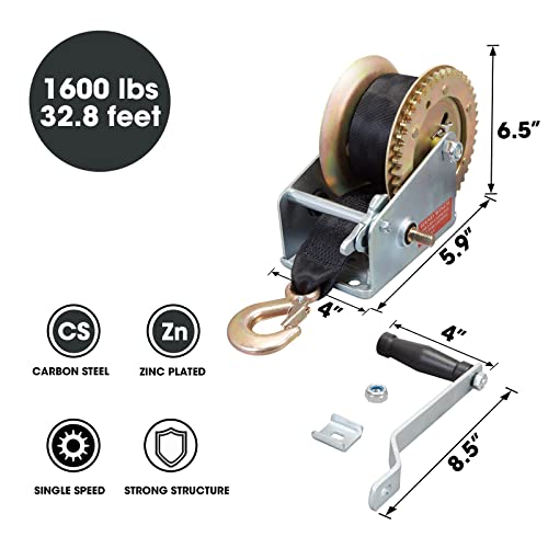 Image of Big RED ATRT1161SR Torin 1600lbs Capacity Heavy Duty Steel Cable Manual Hand Crank Winch with 32.8ft Nylon Strap and Two-Way Ratchet, for Boats, Trailers, Trucks, ATVs