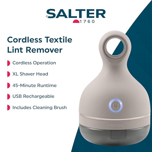 Salter SAL01034 Cordless Lint Remover – Bobble Remover, 45 Mins Operating Time, Rechargeable Fabric Shaver, XL Head with Smoothing Blade, USB Cable & Cleaning Brush Included, Suitable for All Fabrics