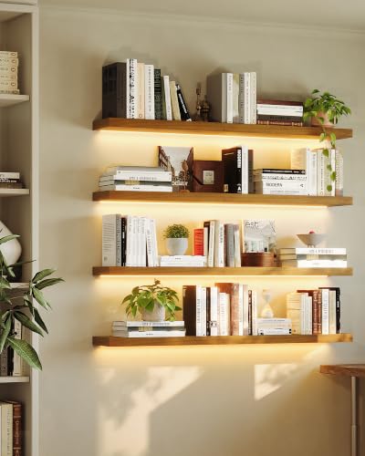 Image of ROGMARS 36 Inches Long Walnut Floating Shelves with Led Light | Rustic Solid Wood Farmhouse Wall Shelves with Invisible Brackets for Bedroom, Living Room, Kitchen, Bathroom Set of 4