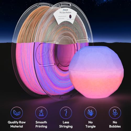 Image of AMOLEN 95A TPU 3D Printer Filament, 1.75mm Glow in The Dark Rainbow Purple Pink Orange Blue, Soft TPU Flexible, High Hardness & Resilience, Best with UV Lamps, 1KG Spool(2.2lbs), Fit Most 3D Printers