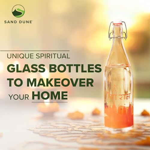 Image of SAND DUNE Glass Water Bottle Set of 1, 1000 ml, Ayodhya Mandir Printed, Clip Top Cap, Leak-Proof Bottle for Water, Milk, Gangajal, Panchamrit, Spiritual, Decor & Gifting