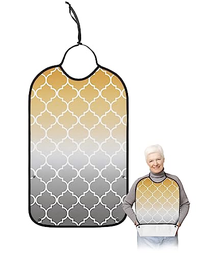 Yellow Gray Ombre Morocco Pattern Adult Bibs for Eating, Waterproof Bibs with Food Catcher & Adjustable Snap Closure, Modern Moroccan Geometric Clothing Protectors Adult Bibs for Elderly Women/Men