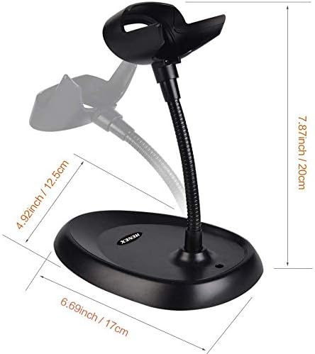 Diagram showing the dimensions of the barcode scanner stand in inches and centimeters.