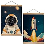 Astronauts and Rockets Poster Wall Art set of 2, Universe Wall Decor Wood Hanger, Spaceship Classroom Decor, Outer Space Planets Poster for Boys and Girls Nursery, Bedroom, Playroom, Toddler and Kids Room(Space travel-02)