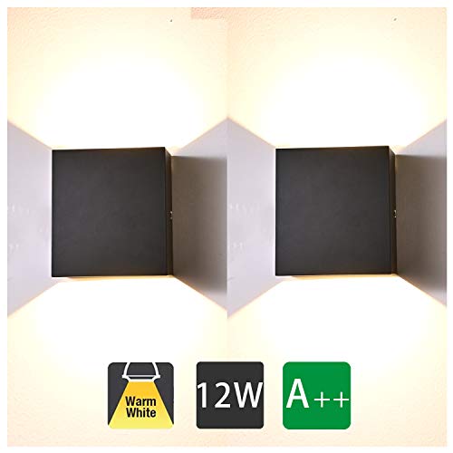2 Pack Applique Murale LED Intérieure, Noir 12W Blanc Chaud 3000K AC 230V Aluminium Lampe Murale pour Salon Chambre Couloir Salle de Bain