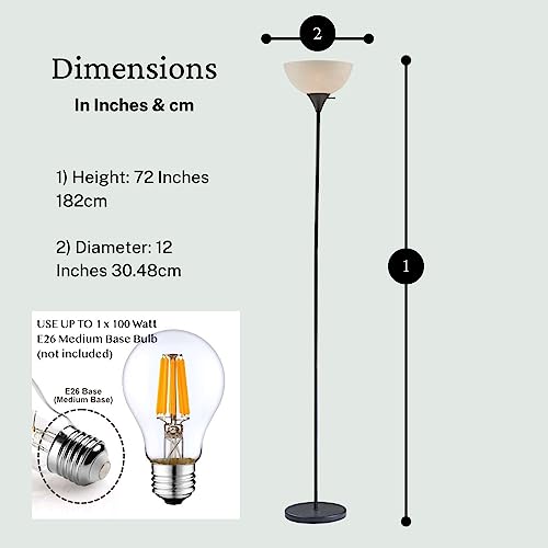 Lightaccents Black Pole Floor Lamp Torchiere With White Opal Bowl Shade - Susan Modern Standing Lamp For Living Room/Office Lamp 72" Tall - 150-Watt (Black 1 Light) #TOP7