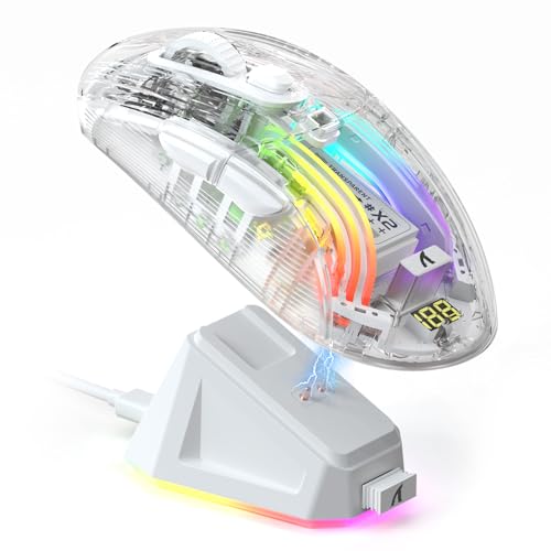 Image of ATTACK SHARK X2 Pro Wireless Gaming Mouse with RGB Charging Dock,Tri-Mode PC Gaming Mice 2.4G /Bluetooth /Wired,Noiseless Mouse RGB Backlit,Transparent Shell,PixArt 3212 4000 DPI,for Win /MAC,White