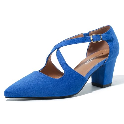 Women's Block Chunky Heel Pumps Cross Strap Closed Pinted Toe Low Heeled Dress Shoes