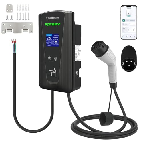 RTSKY 7.4kW EV Charger Type 2 for Home Smart Electric Car Charger with Bluetooth APP Adjustable 8-Level Current 6A-32A PEN Protection Type A + DC 6mA RCD 5m Tethered Cable IP65