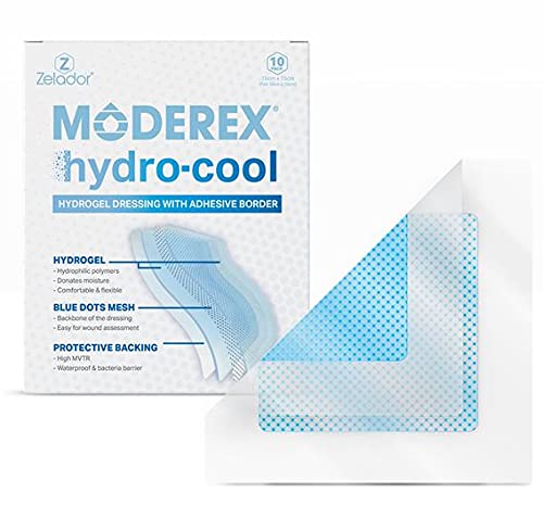 Moderex Medicazioni Hydrocool Hydrogel per ferite secche, ustioni secondarie e tessuto necrotico reidratante (15 x 15 cm x 10 con bordo)