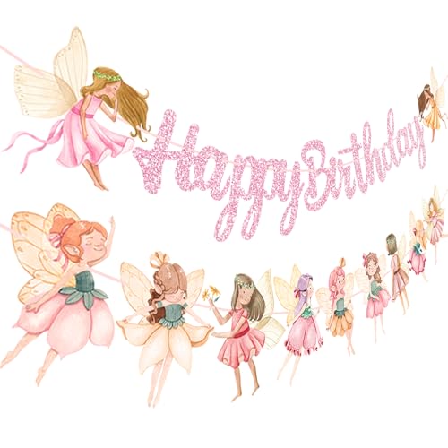 Glitter Pink Fairy Birthday Party Banner - Decorations for First Party, Garden, Baby Shower - Cutout Banner Supplies