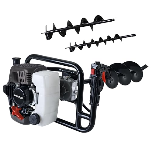 Practixx Tarière Thermique PX-EB-52 | Longueur de la tarière 800mm | Moteur 2T de 1,97CV | 370 Tours/Min | Maniable avec 2 poignées | Forets Ø 100, 150, 200mm Inclus