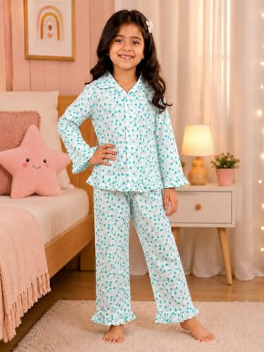Image of superminis Hosiery Cotton Night Suit with Frill - Full Sleeves, Collared Neck, Sleep Wear for Girls, Kids