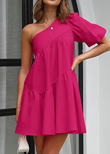 Image of KIRUNDO Summer One Shoulder Mini Baby Doll Dresses Women 2026 Casual Puff Sleeve Loose Tiered A Line Flowy Short Dress