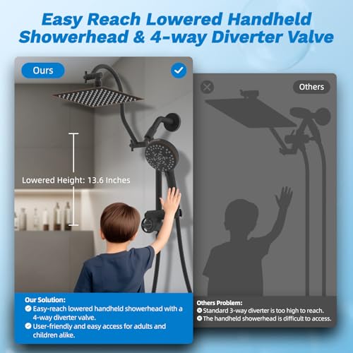Image of Hibbent High Pressue All Metal 8 inch Rainfall Shower Head, Handheld 10-Spray | cUPC Certified Oil-Rubbed Bronze Dual Showerhead Combo, 4-way Diverter with Pause Mode, Extension Arm, 71'' Hose & Holder