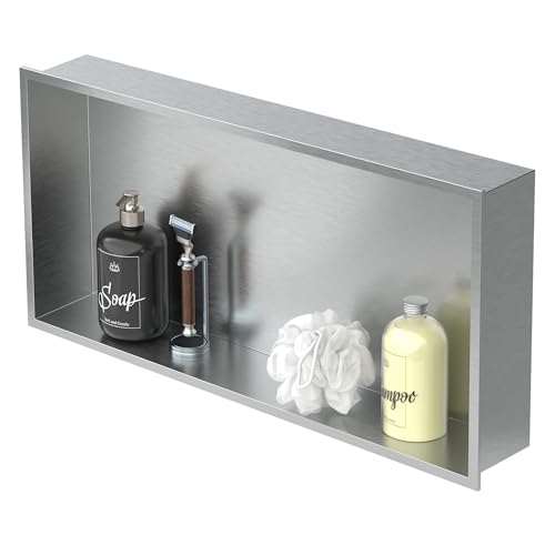 LuxeBath Nicho de Ducha de Acero Inoxidable 60x30x10 cm Plata Marco de Pared Empotrado Alicatable Estante Integrado Instalación Flexible para Almacenamiento Organizador de Utensilios para Baño