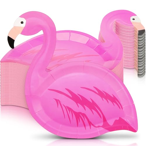 Motipuns 100 Pcs 9 Inch Hawaiian Themed Paper Plates Flamingo Party Plates Disposable Decorations for Tropical Luau Party Beach Birthday Summer Holiday Dinner Pool Picnic Supplies(Pink Flamingo)