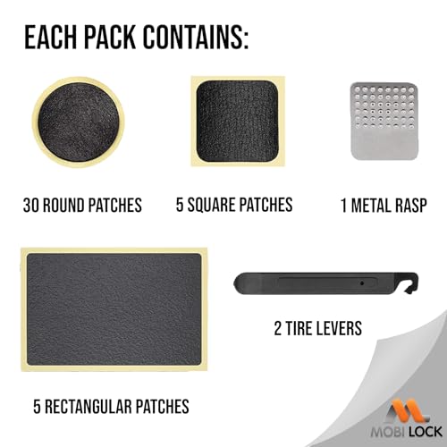 Mobi Lock Self-Adhesive Bicycle Tire Repair Kit (40 Pieces) – Glueless Bike Tube Patches in Round, Square, and Rectangle Shape - Includes 2 Tire Levers, 1 Metal Rasp