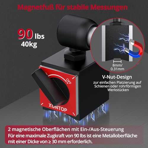 XUNTOP Magnetfuß Digitale Messuhr Mikrometer mit Universeller Magnetfuß 0~25.4 mm LCD-Anzeige Imperial/Metrisch für Labor Werkstatt