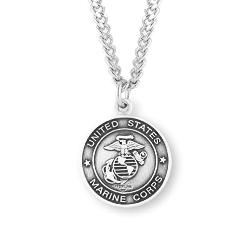 Medium Sterling Silver Marines Medal Pendant Necklace with St. Michael on Reverse Side for Men Women with 24
