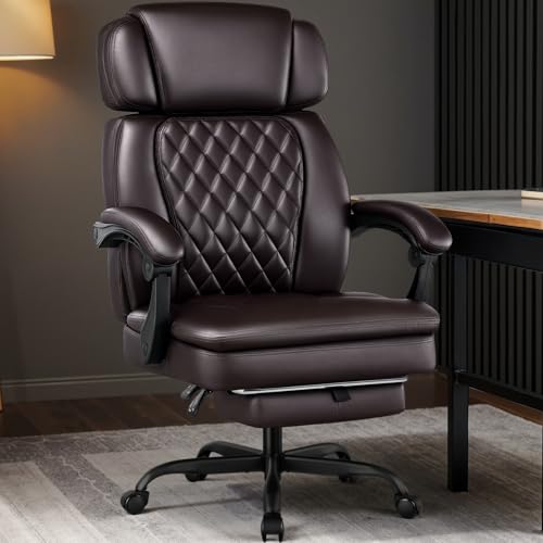 Image of 400lbs Executive Office Chair with Foot Rest for Heavy People, Ergonomic Big and Tall Desk Chair with Adjustable Headrest, High Back PU Leather Comfy Heavy Duty Computer Chair