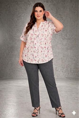 Image of SINDOORI Relaxed Fit Tops for Women Plus Size Solid Printed Mandarin Collar, Band Collar, V-Neck Top, Half Sleeve Loose Fit