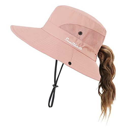 Womens Sun Hat Waterproof Fishing Hat Uv Protection Ponytail Hat Wide Brim Bucket Hat Foldable Mesh Beach Hat Summer Hiking Hat Solid Pink #TOP10