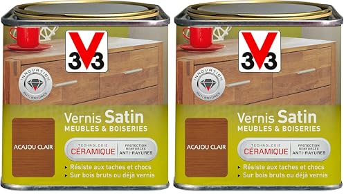 V33 Vernis intérieur Satin meubles & boiseries, Acajou clair 0,5L (Lot de 2)