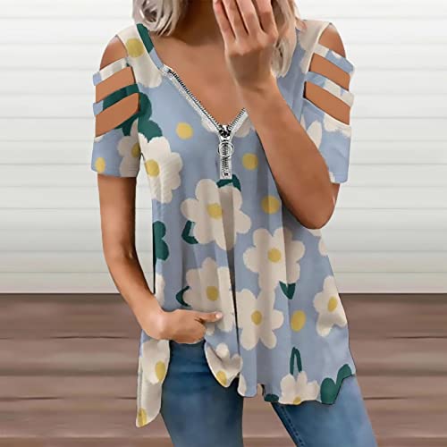 KccOsg Túnica feminina para usar com leggings, túnicas florais com ombro vazado, ajuste solto, zíper