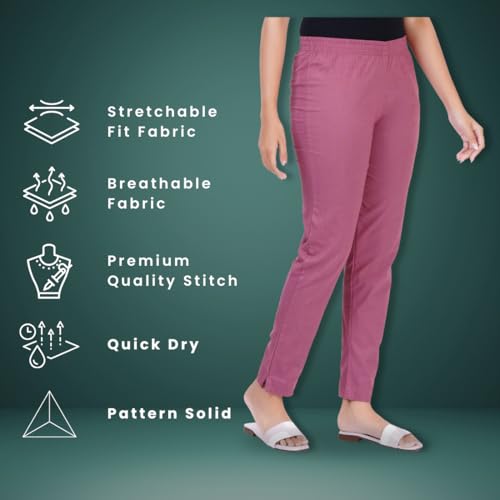 Image of Happy Bunny Cotton Blend Lycra Kurti Pants for Women, Soft 30% Stretch Full Length Trousers with Elastic Waist & Zip Pocket, Ideal for Office, Work, Casual, Home Wear Breathable Slim Fit