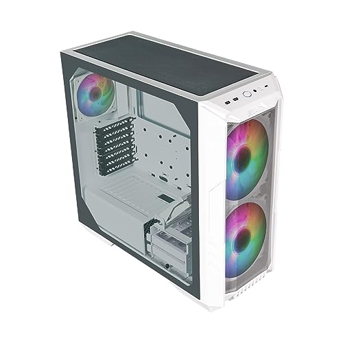 Cooler Master HAF 500 White Boîtier Moyen Tour PC, 2 Ventilateurs 200mm ARGB pour Flux d'air Élevé, Ventilateur GPU 120mm Orientable, Options de Refroidissement Multiples, Panneau Verre Trempé, Blanc