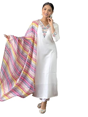 Image of Women's Kurta Set with Floral Print Dupatta, White and Purple