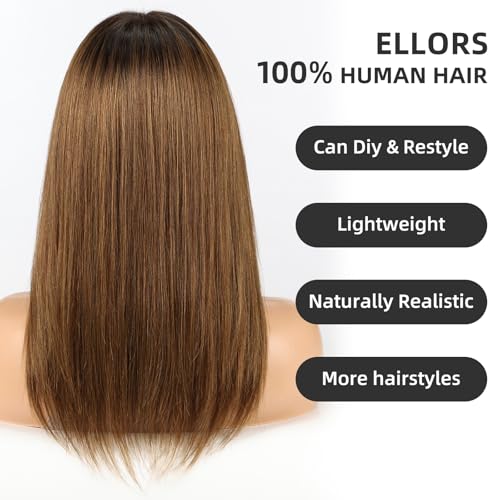 Image of 16 Inch Ombre Brown Human Hair Wig, Human Hair Wig With Bangs, Real Hair Wigs For Women, real human hair wigs
