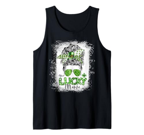 One Lucky Mama St Patricks Day Messy Bun Leopard Shamrock Tank Top