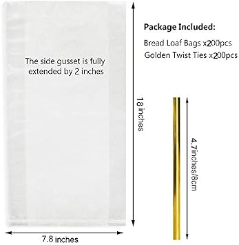 Bread Gusseted Bags - Clear Plastic Bags for Loafs, Home Baking Buns, and Baguettes with Free Twist Ties (18
