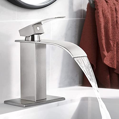 Qomolangma Waterfall Bathroom Faucet, Brushed Nickel Modern Single Handle Bathroom Faucets For 1 Or 3 Hole Bathroom Sink Faucet Mixer Tap Washbasin Faucet With Deck, Pop-Up Drain And Supply Hoses #TOP1