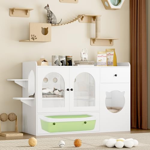 FACBOTALL 55.1" Cat Litter Box Enclosure, Furniture Hidden With Scratcher, Storage Cabinet With Bowls, Wooden Pet Crate House With Storage Spaces, Indoor House Furniture
