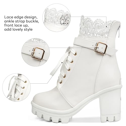 BEAUPAS Chunky Platform Shoes for Women White Lace Boots Buckle Gothic Punk High Heel Boots Lace Up Block Heel Ankle Booties(White,10)3