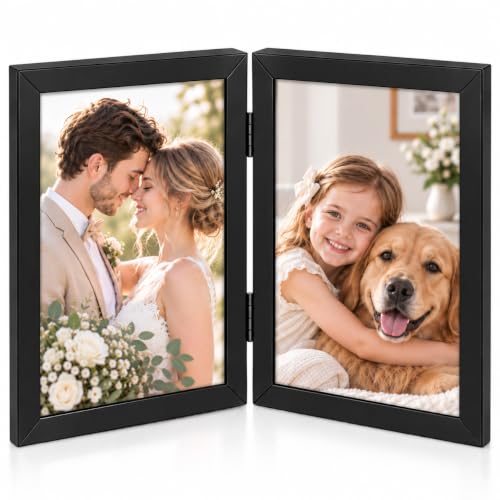 Golden State Art 4x6 Double Picture Frame with Real Glass, Hinged, Black